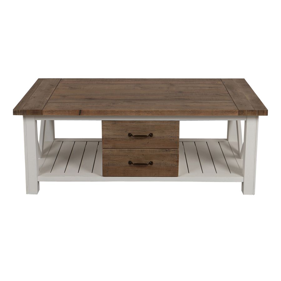 Table basse en bois brut et pieds blancs de la collection Rivages du magasin interiors